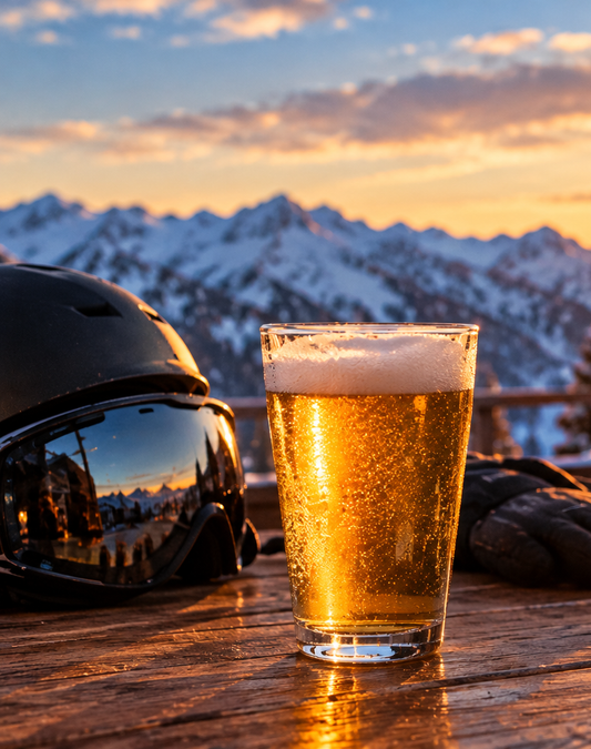 A pint of beer set against mountain at sunset