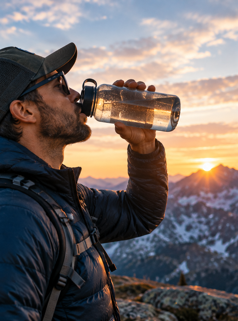 Man in the mountains at sunset drinking from a water bottle 