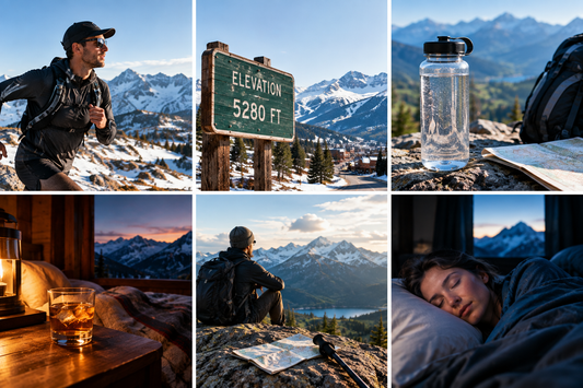 Collection of 6 images related to altitude (runner, elevation sign, water bottle, drink, gazing at sunset, sleeping)