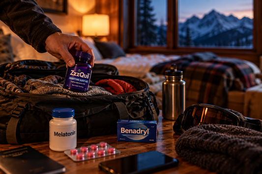 Image of sleeping pill bottle in mountain cabin at high elevation